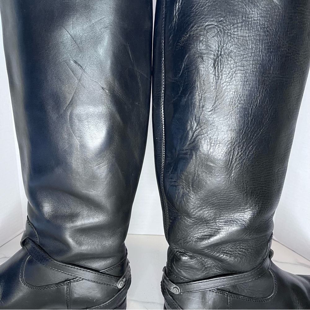 Frye Lindsay Plate Tall Boots Black Leather Size 7 Classic Moto Equestrian - Picture 6 of 10